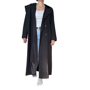 Gallery Black Maxi Trench Coat Hooded Long Women Size 10 Linen Double Breasted